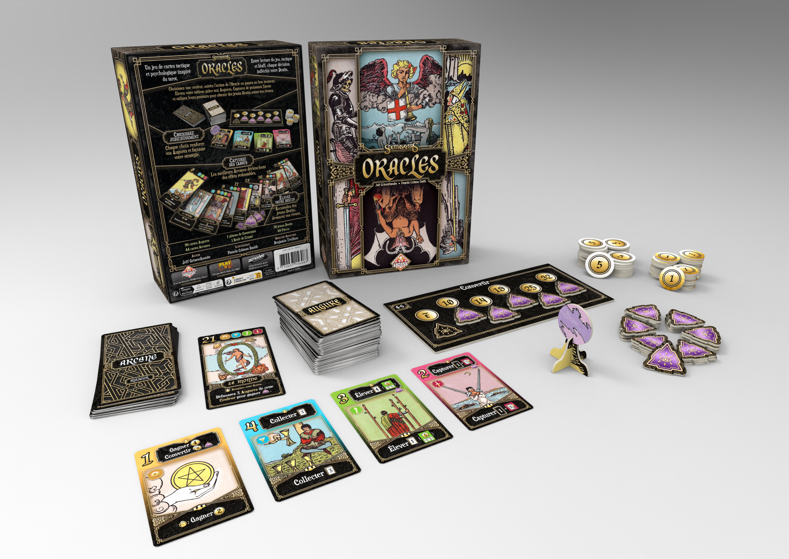 Matériel du jeu Oracles avec cartes, jetons et boîte
